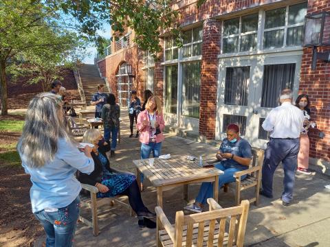People gathered in courtyard